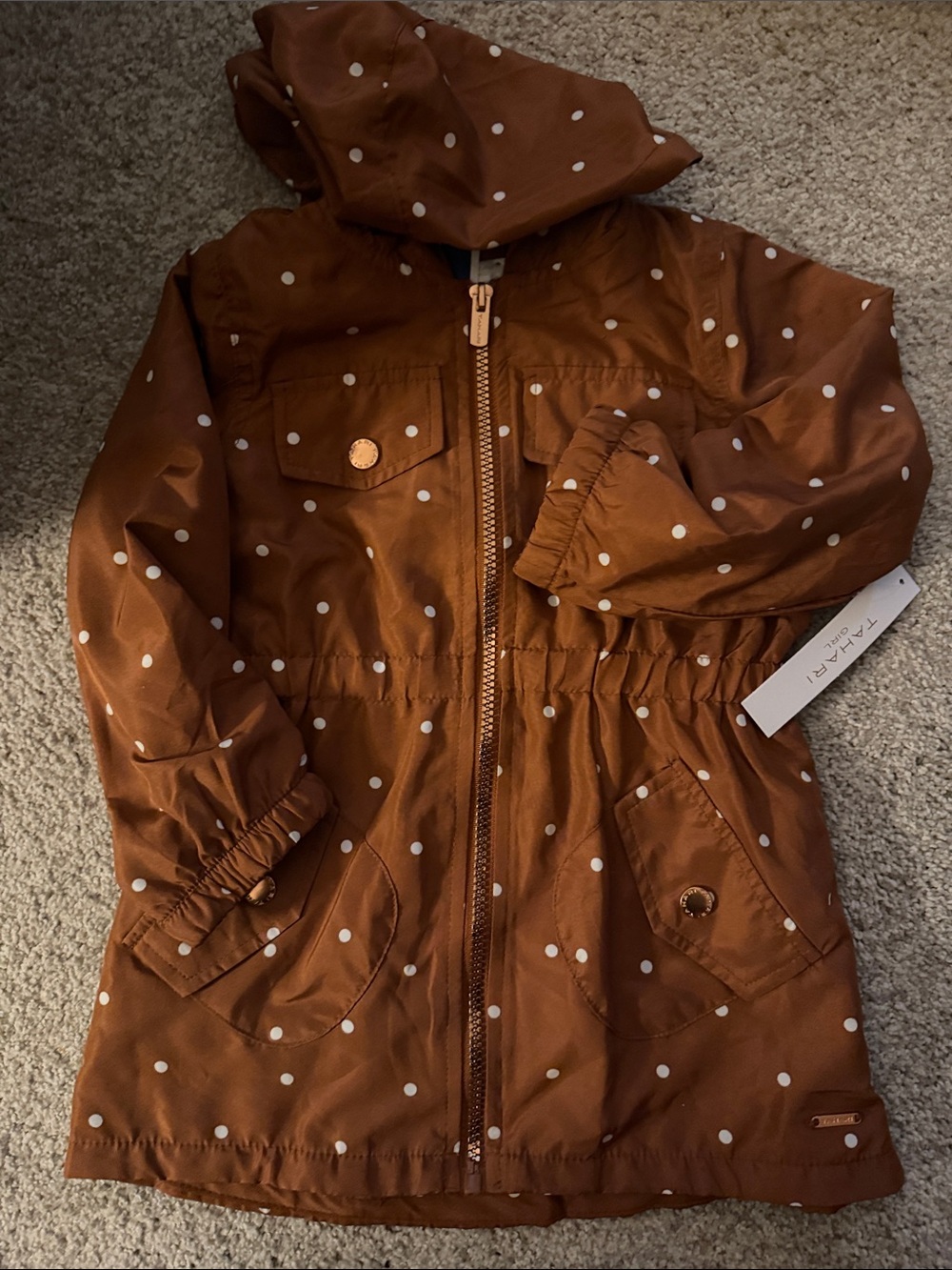 Tahari Brown Polka Dot Hooded Raincoat